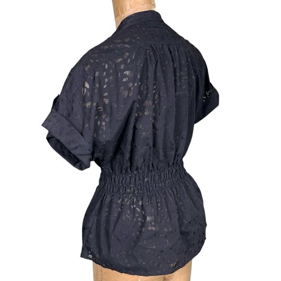 Attention Button Front Short Sleeve Cinch Waist Top Sz S/M Black Semi Sheer 333K - Picture 7 of 11